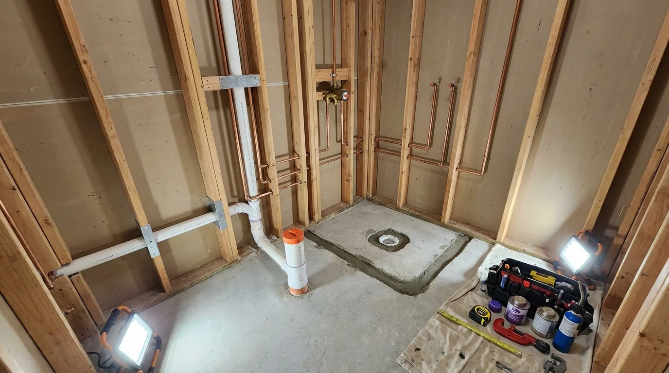 Bathroom rough-in plumbing during remodel by Johns Plumbing LLC in Carterville