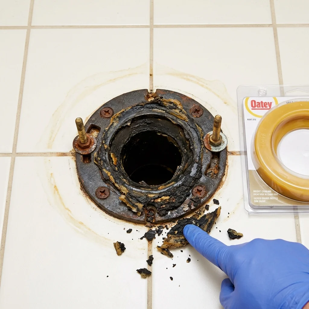 Failed wax ring showing water seepage at the base of a toilet in a Carterville, IL home