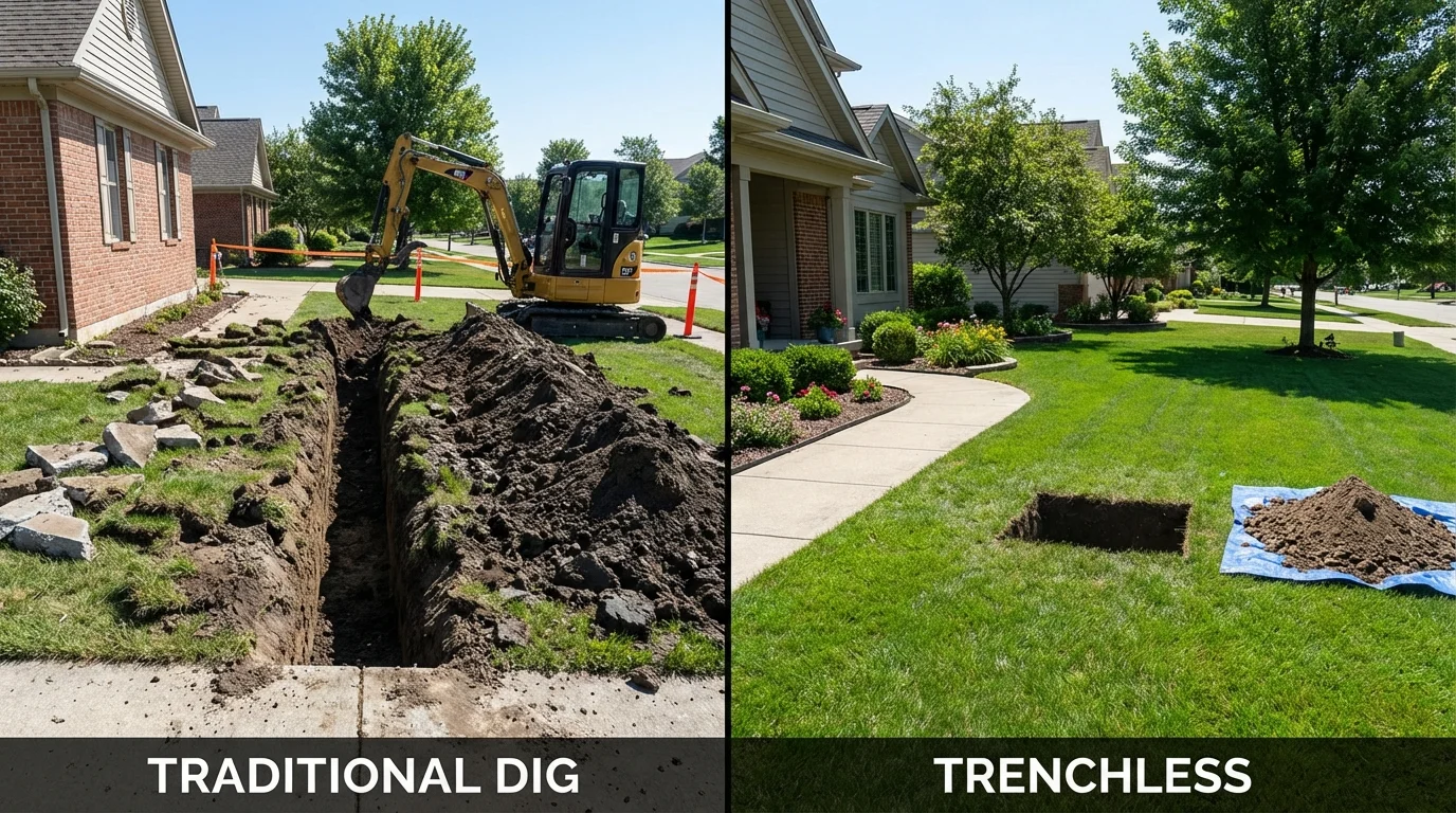 Trenchless sewer repair with minimal yard damage versus traditional excavation in Carterville, IL