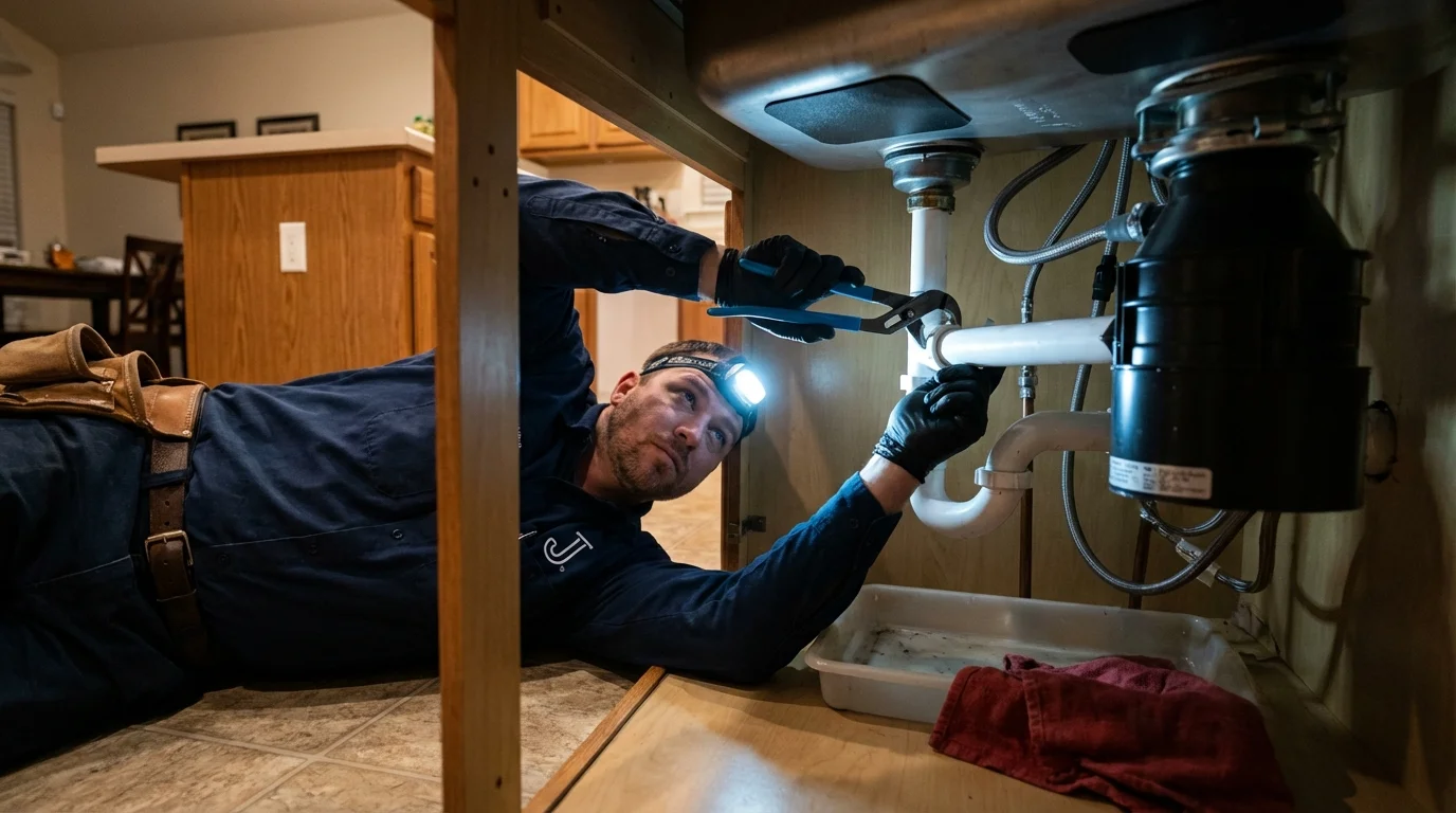 P-trap and supply line connections under a kitchen sink showing a common leak point in Carterville, IL